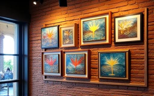 Pinturas de un artista local colgadas en la pared de ladrillo del café.