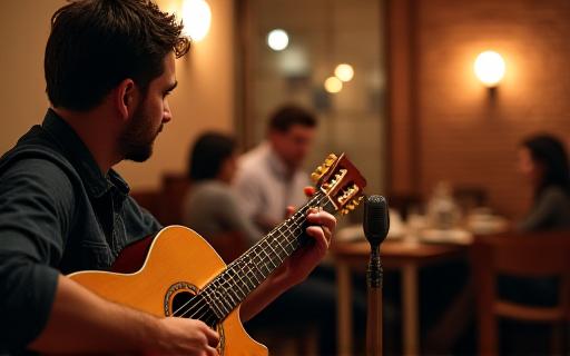 Un guitarrista tocando en directo en un rincón del café Fuente Clara.