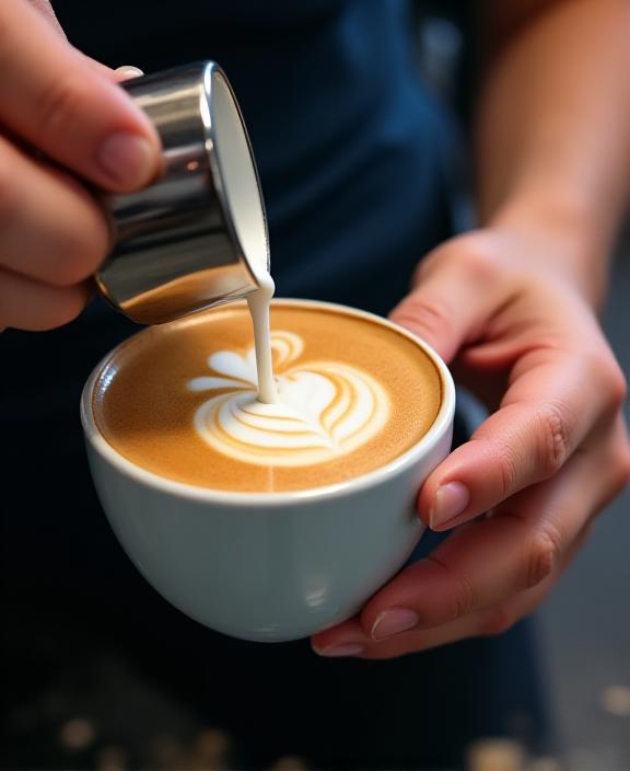 Manos de un barista vertiendo leche para crear un latte art en una taza de café.