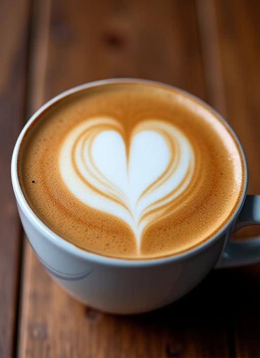 Primer plano de una taza de café con un corazón dibujado en el latte art.