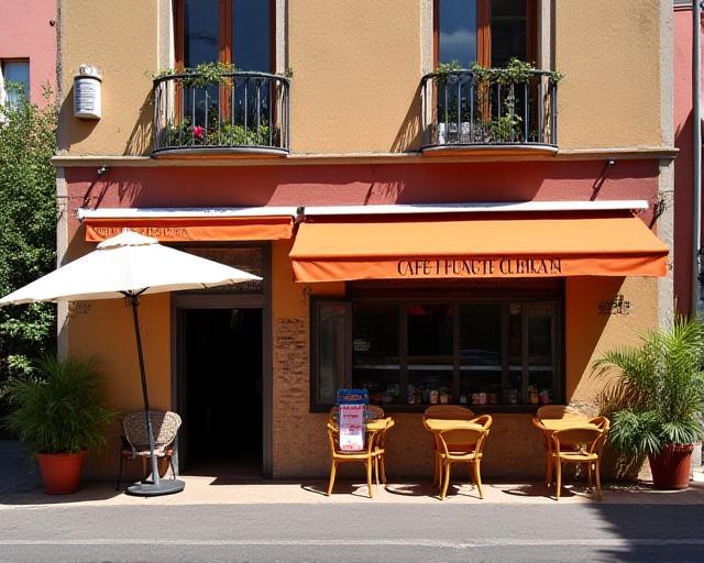Fachada exterior del Café Fuente Clara con una pequeña terraza.