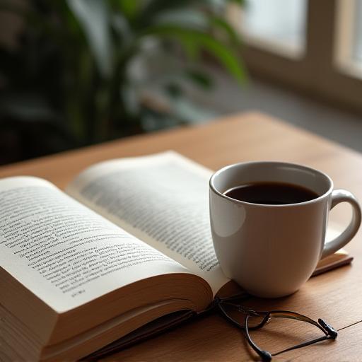 Un libro abierto junto a una taza de café en una mesa de madera.