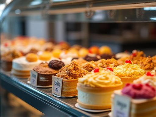 Mostrador de cristal con una selección de tartas y bizcochos caseros.